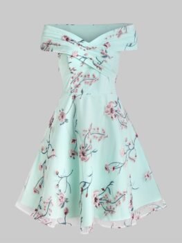 Flower Embroidered Off The Shoulder Skater Dress